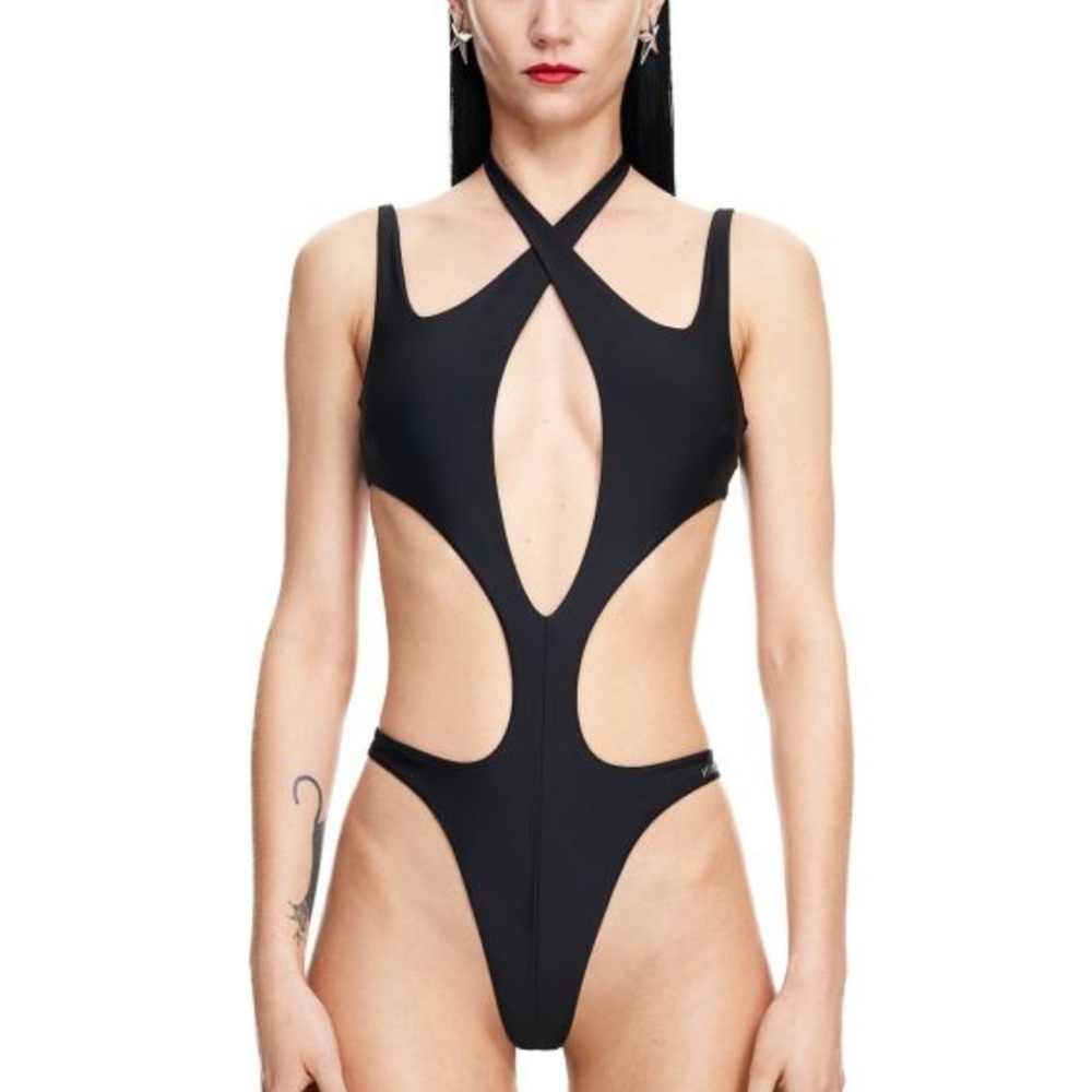 Black halter mugler swimsuit brand new